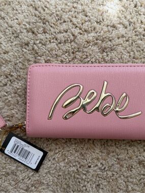 bebe Pink Wallet with Gold Logo Zip-Around
